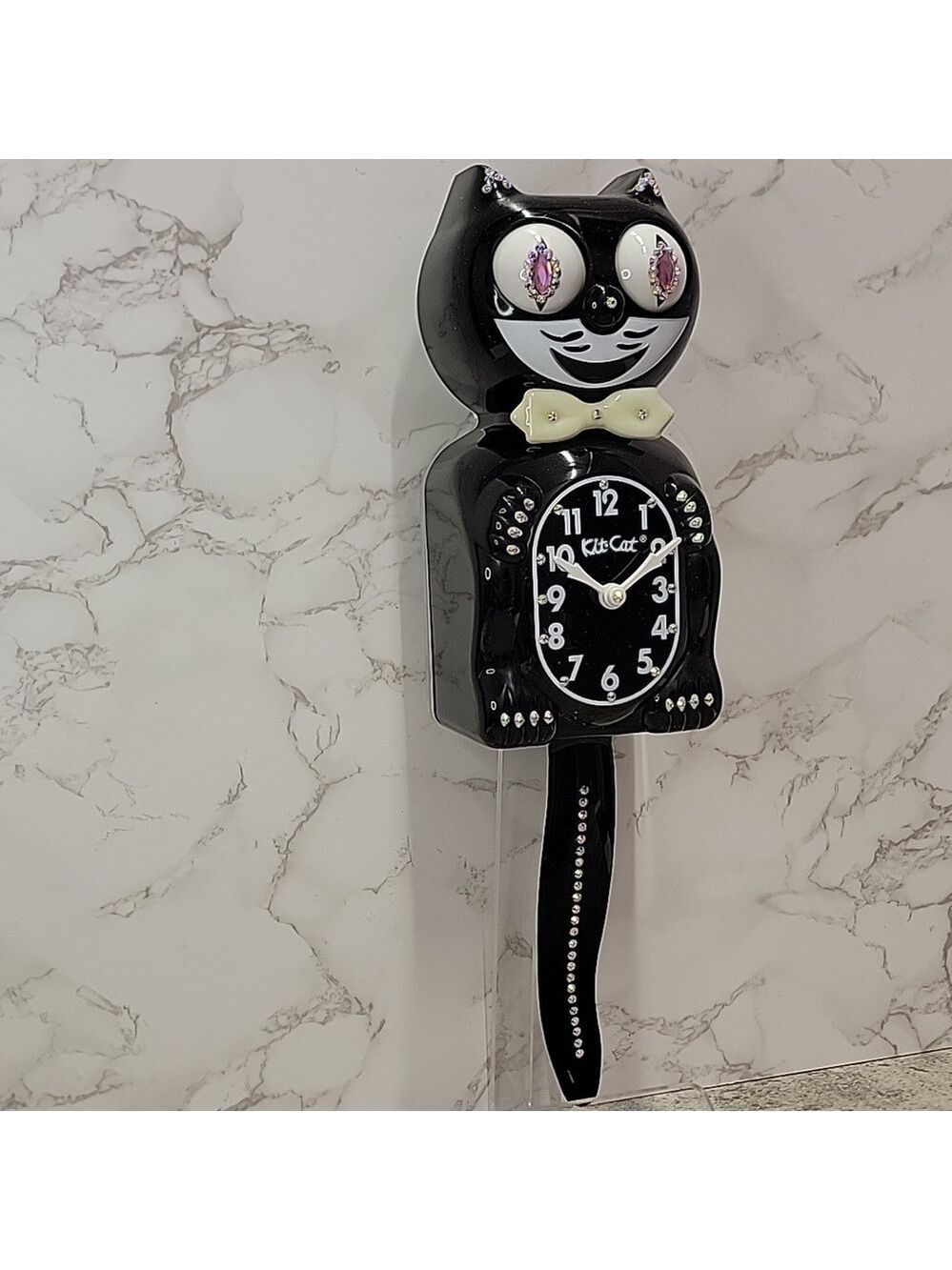 Jeweled Black Kit-Cat Klock clock with GLOW IN THE DARK BOW TIE - Picture 8 of 9